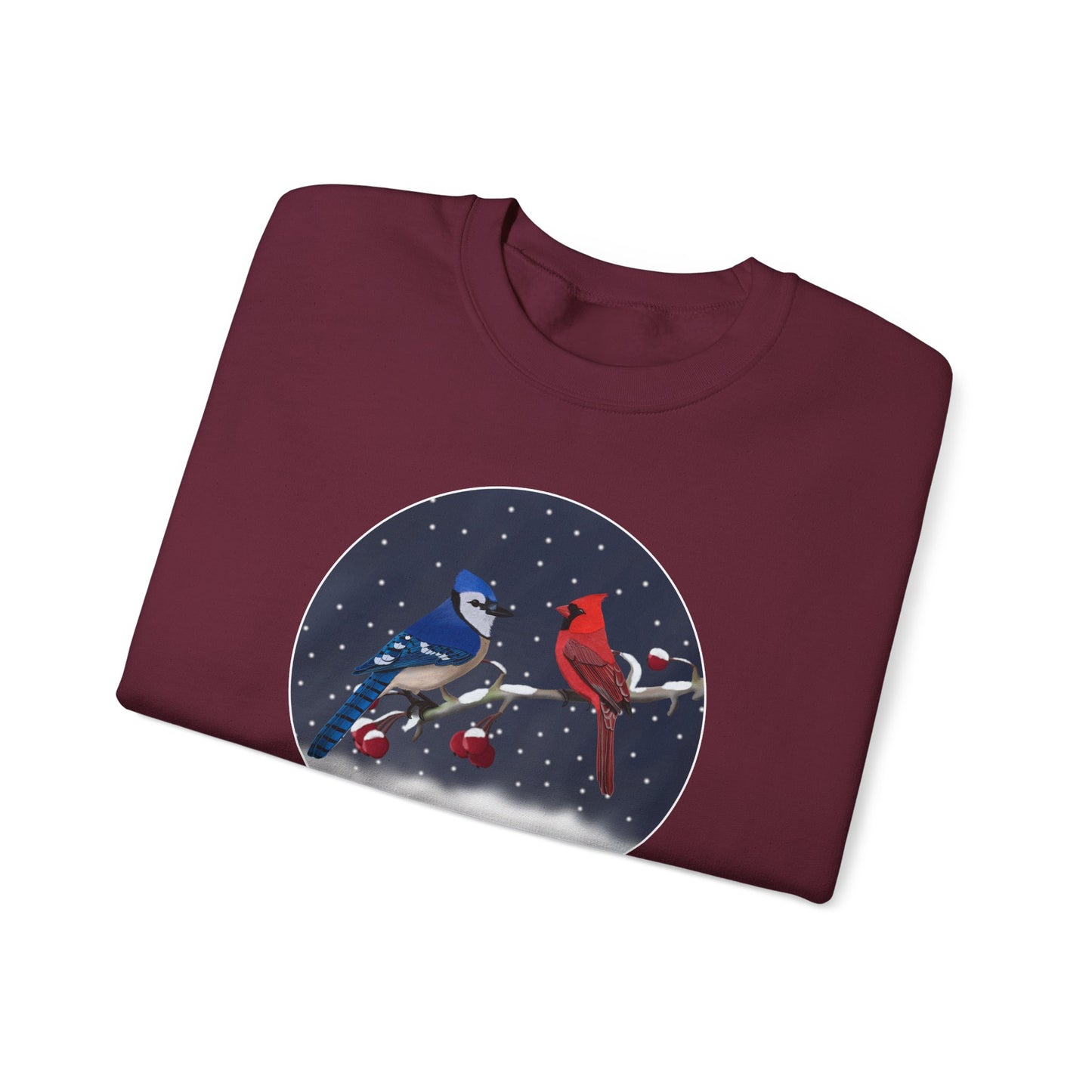 Blue Jay and Cardinal on a Winter Branch Christmas Bird Sweatshirt