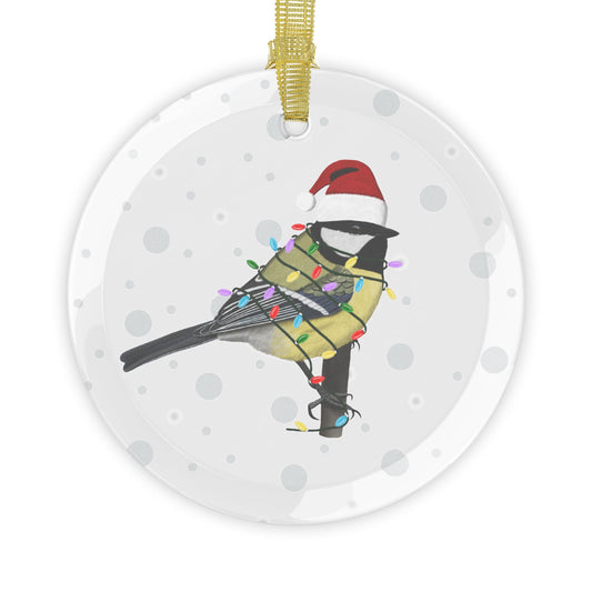 Chickadee as Santa Claus with Fairy Lights Christmas Glass Ornament