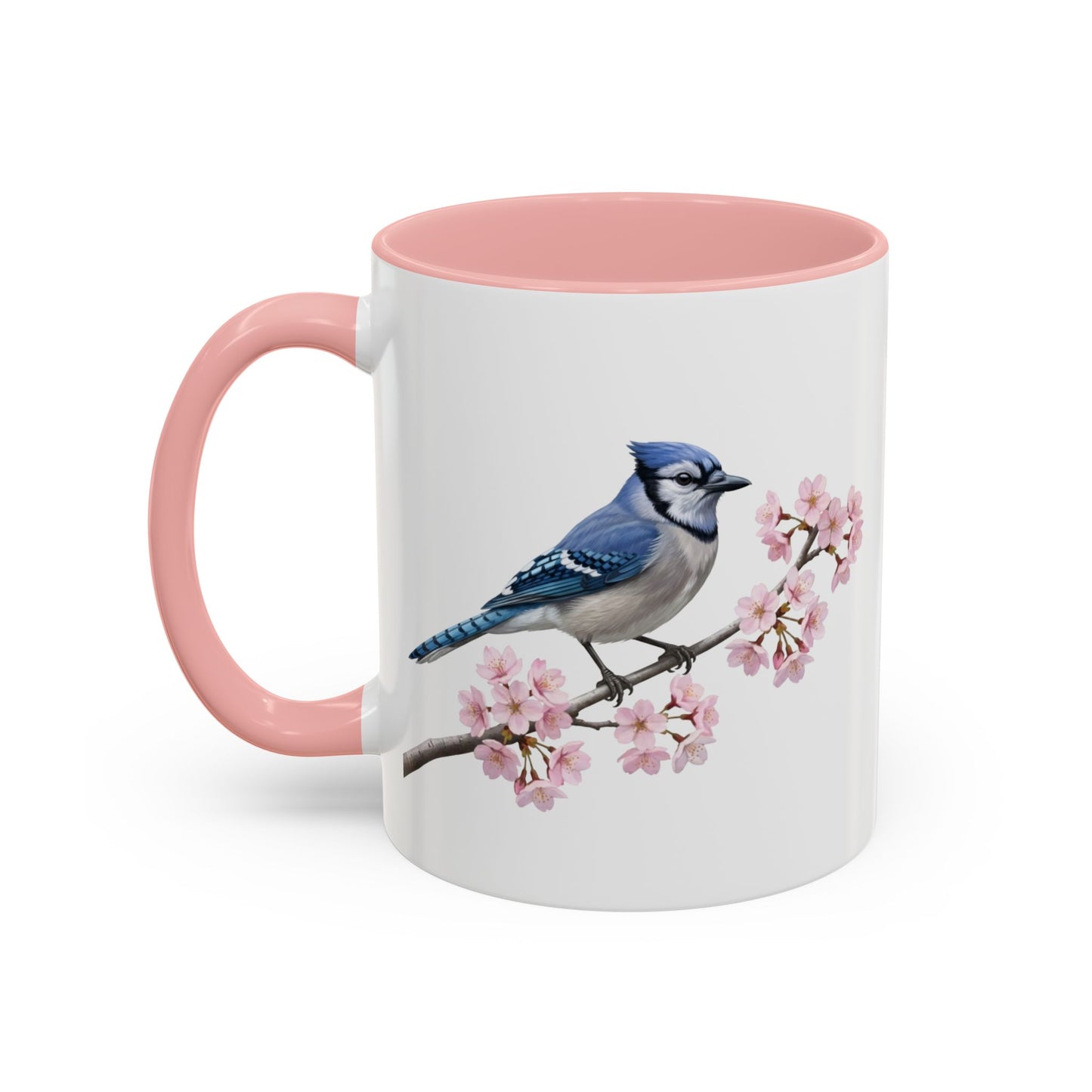 Blue Jay Cherry Blossom Mug | Pink Ceramic Coffee Cup for Bird Lovers