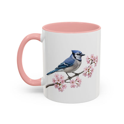 Blue Jay Cherry Blossom Mug | Pink Ceramic Coffee Cup for Bird Lovers