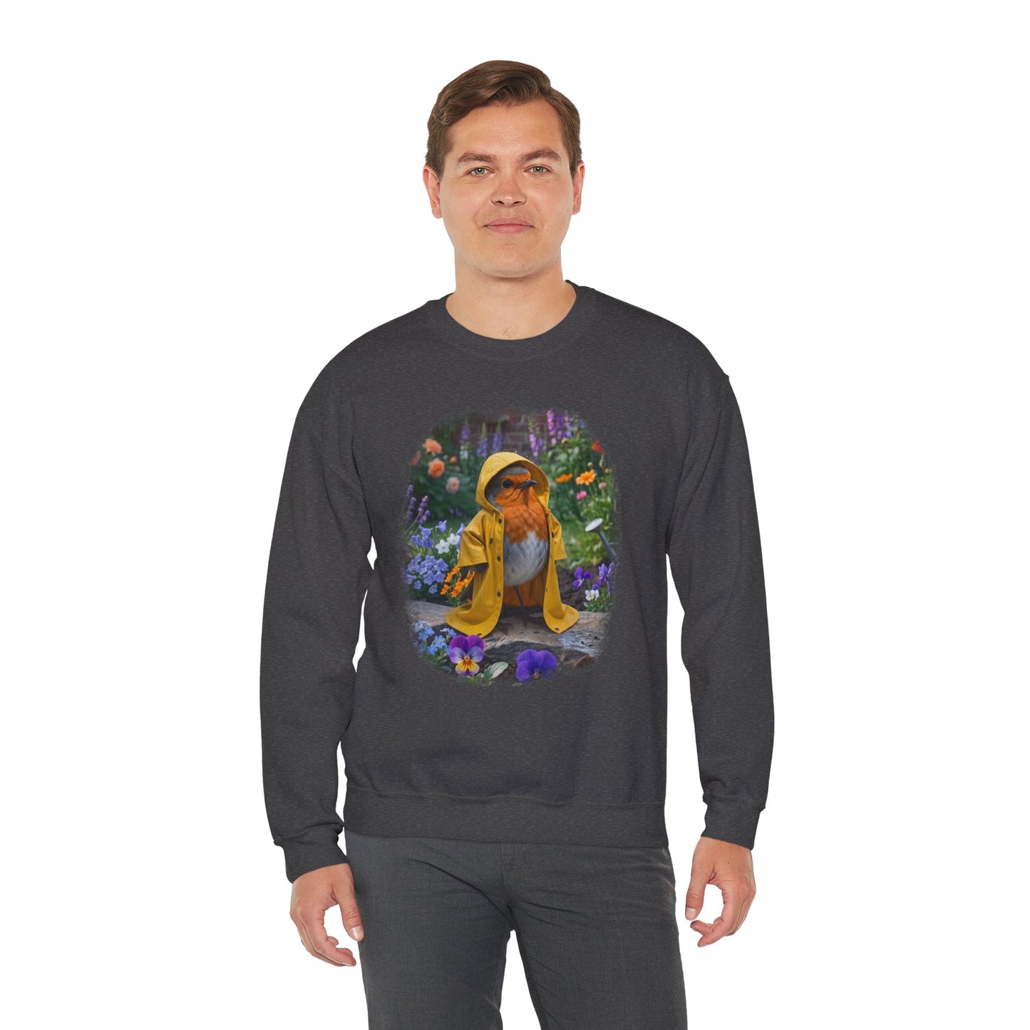 Robin Rosi Yellow Raincoat Garden Premium Sweatshirt for Bird Lovers