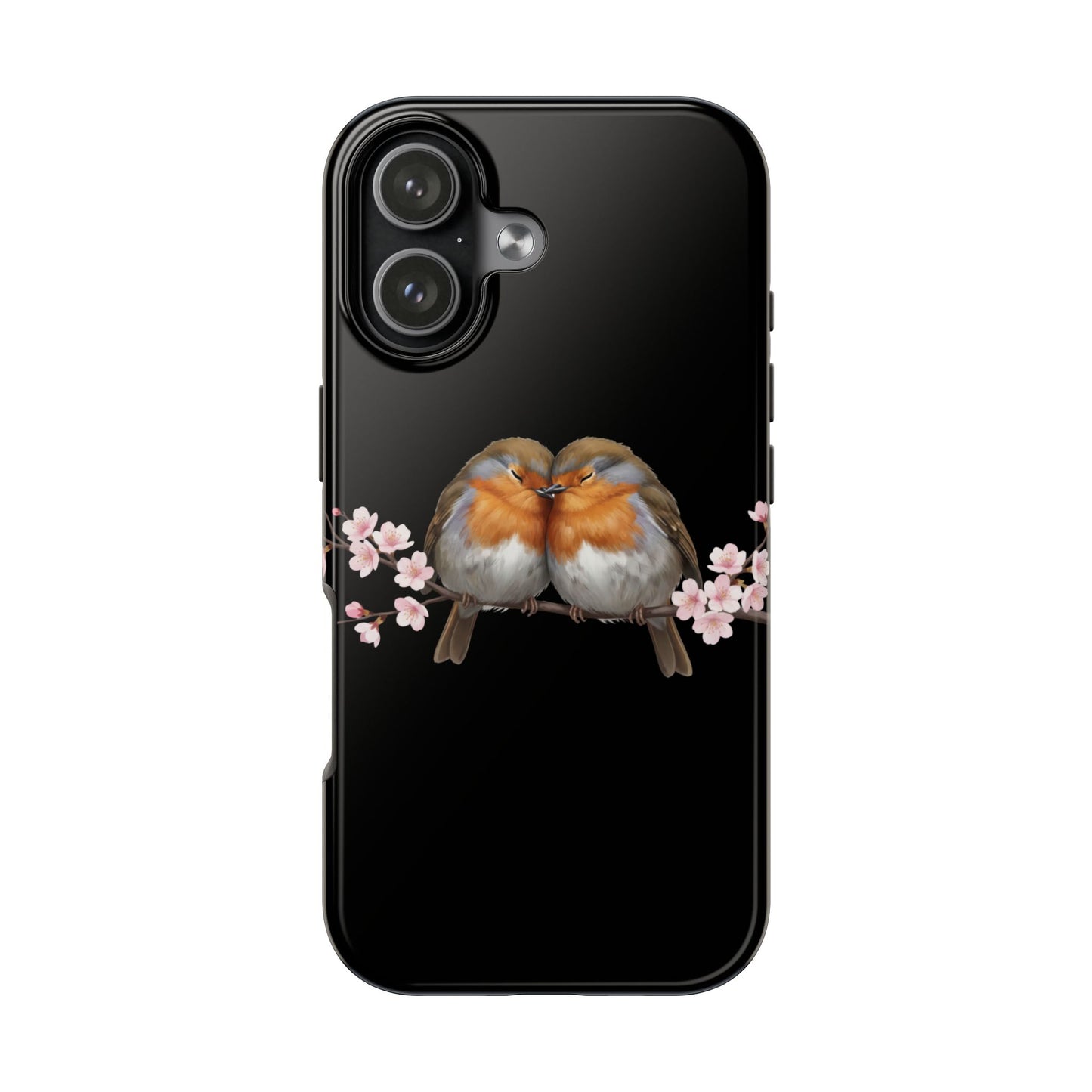 European Robin with Cherry Blossoms iPhone Case – Premium Tough Phone Cover Black