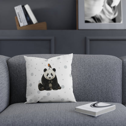 Rotkehlchen mit Panda Vogel Tiermotiv Kissen – Dekokissen mit Vogelmotiv Weiß mit grauen Punkten
