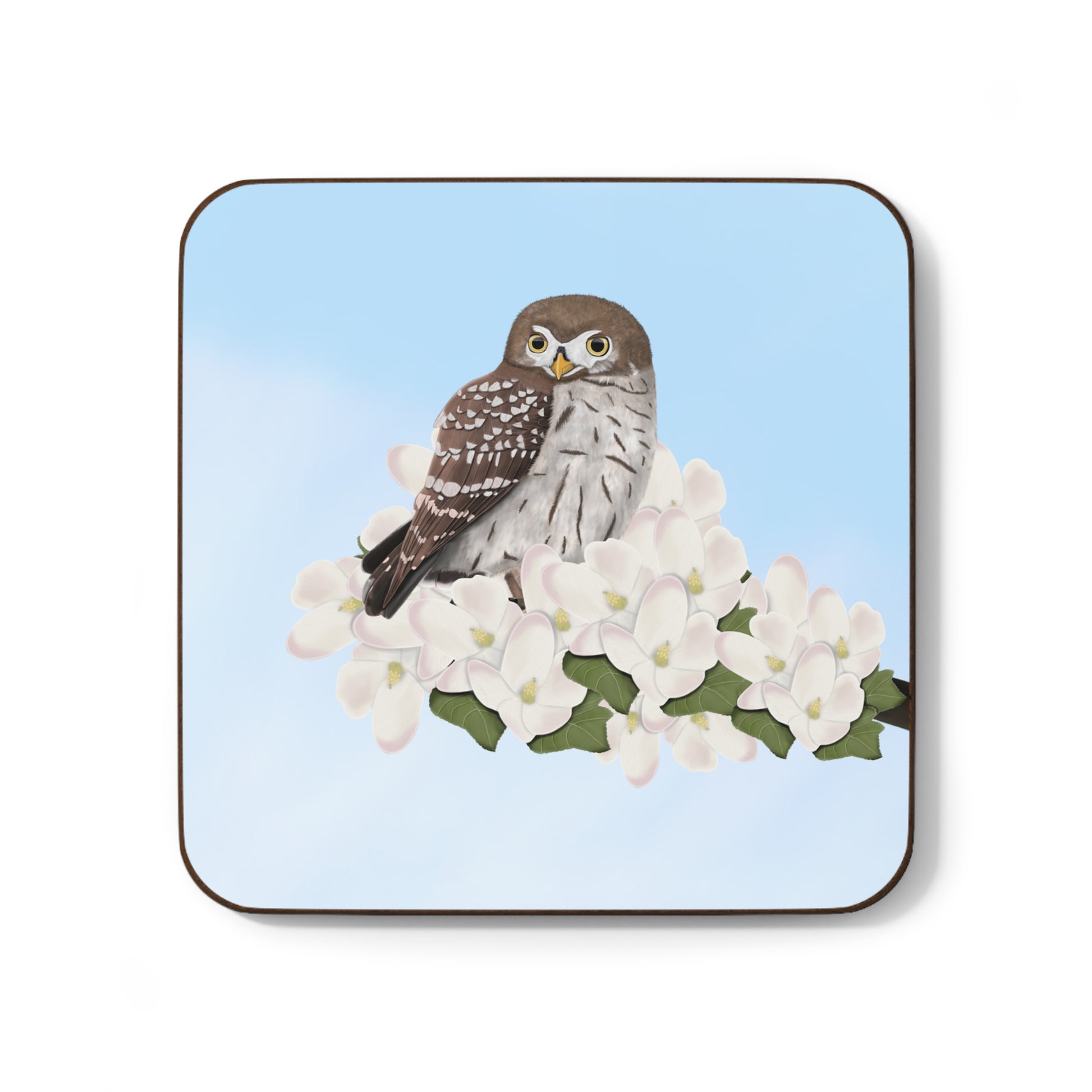 Little Owl Apple Blossoms Hardboard Coaster