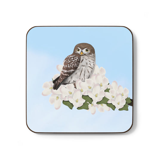 Little Owl Apple Blossoms Hardboard Coaster