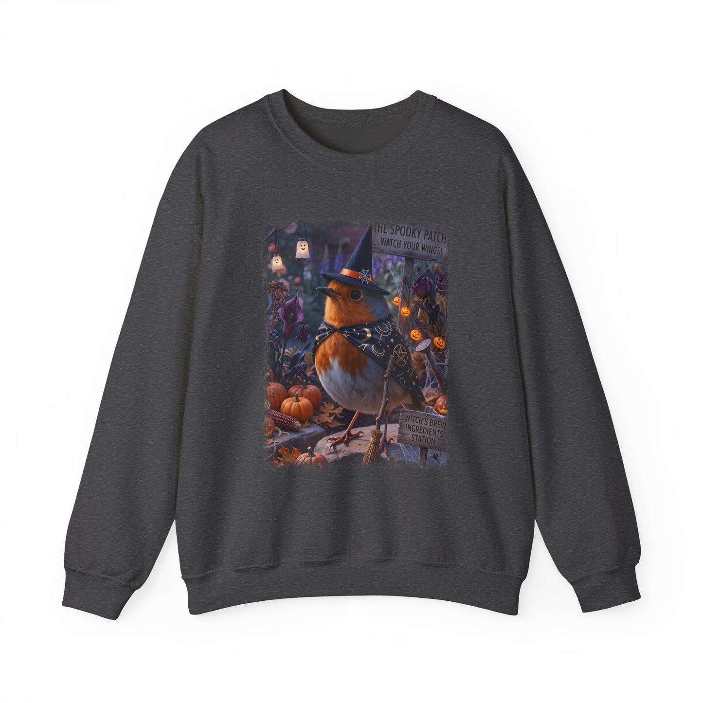 A dark gray crewneck sweatshirt featuring a large, colorful graphic print of a robin wearing a witch's hat and bow tie, surrounded by pumpkins and autumn decorations.