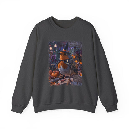 A dark gray crewneck sweatshirt featuring a large, colorful graphic print of a robin wearing a witch's hat and bow tie, surrounded by pumpkins and autumn decorations.