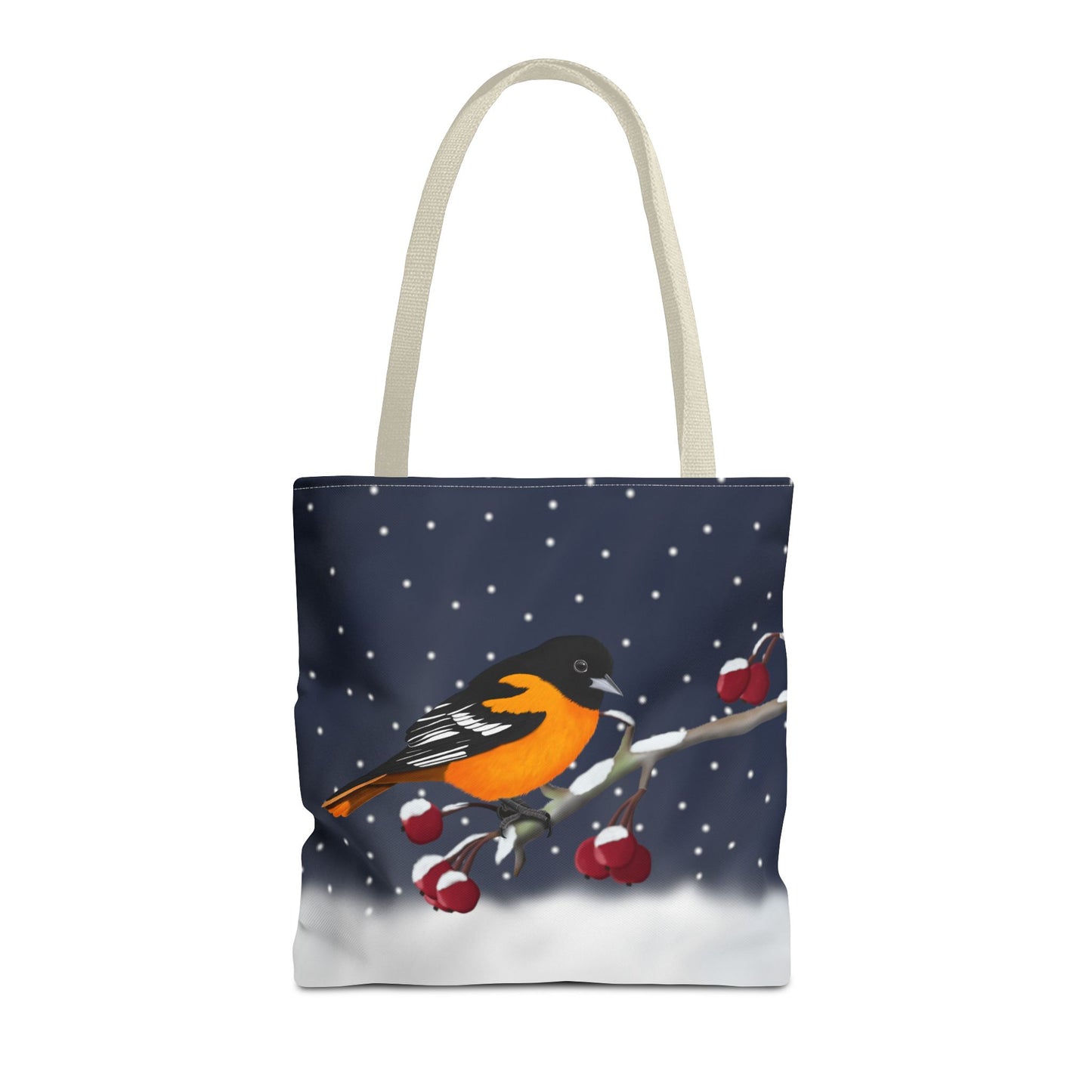 Baltimore Oriole on a Winter Branch Christmas Bird Tote Bag 16"x16"