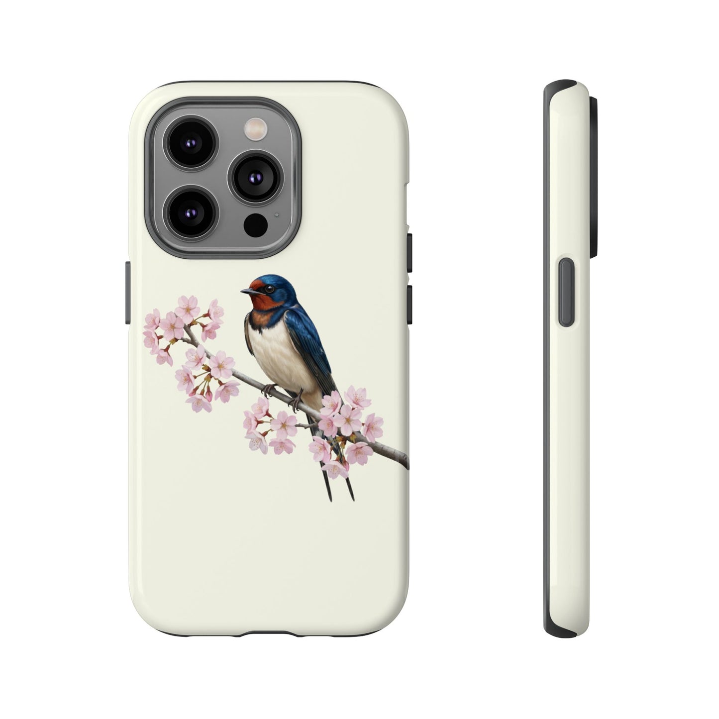 Rauchschwalbe Handyhülle in Cremeweiß | Florales Kirschblüten Vogel-Motiv für iPhone & Google Pixel