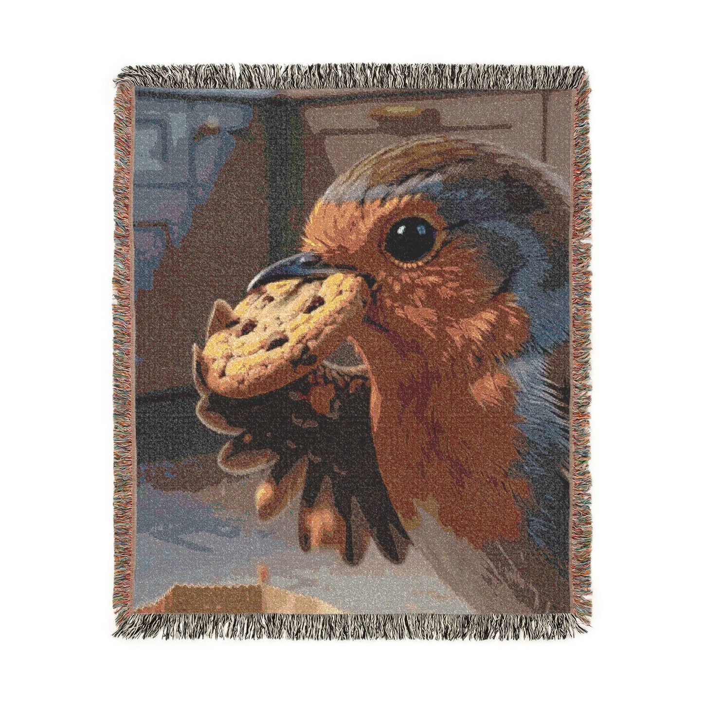 A woven throw blanket featuring a close-up tapestry-style illustration of a robin holding a cookie, with fringed edges on all sides.