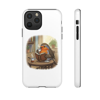 Rotkehlchen liest und trinkt Kaffee Premium Handyhülle – Doppelt Geschützt & Rundum Bedruckt Weiß