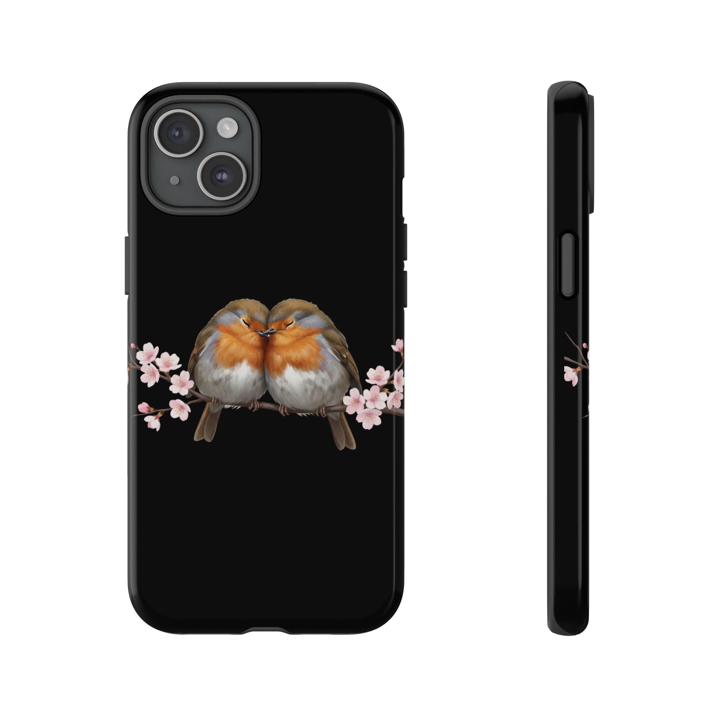 Rotkehlchen mit Kirschblüten Premium Handyhülle – Doppelt Geschützt & Rundum Bedruckt Schwarz