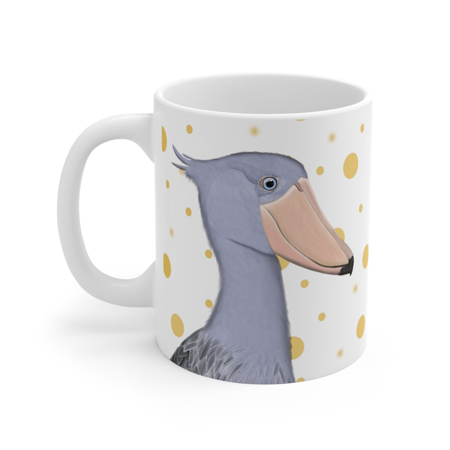 Shoebill Bird Ceramic Mug White Golden Dots 11oz