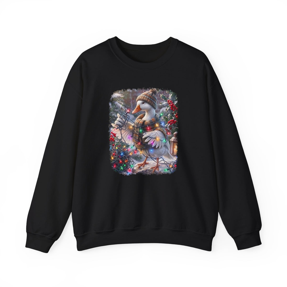 A black crewneck sweatshirt featuring a colorful graphic print on the front of a snowy goose wearing a knit hat and scarf, surrounded by winter foliage and flowers.