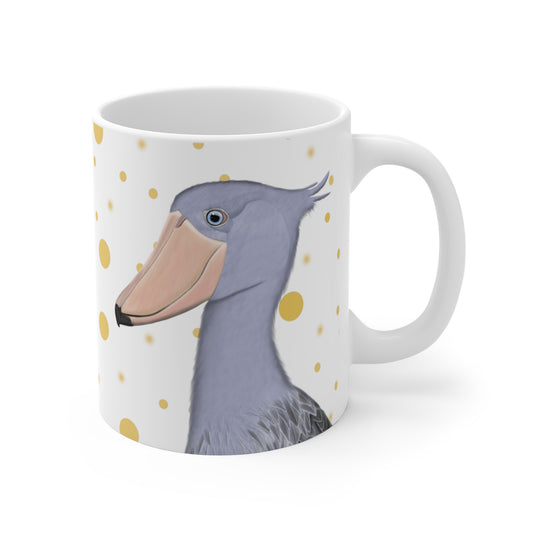 Shoebill Bird Ceramic Mug White Golden Dots 11oz