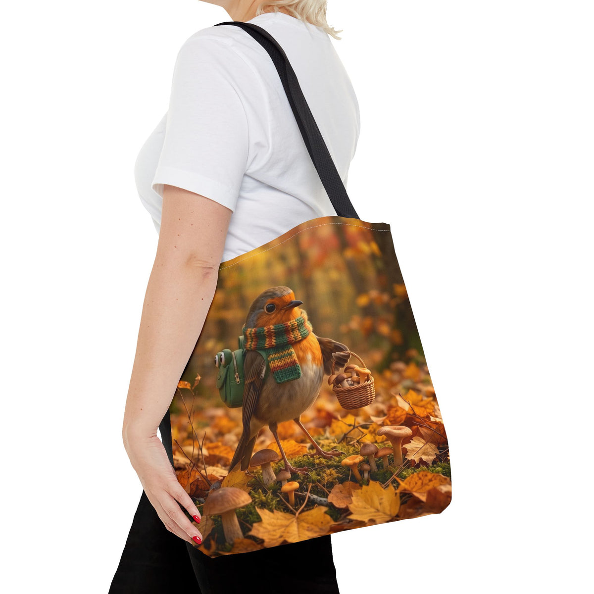 Tragetasche Rosi Rotkehlchen sammelt Pilze | Herbst Stofftasche für Vogelfreunde und Vogelbeobachter