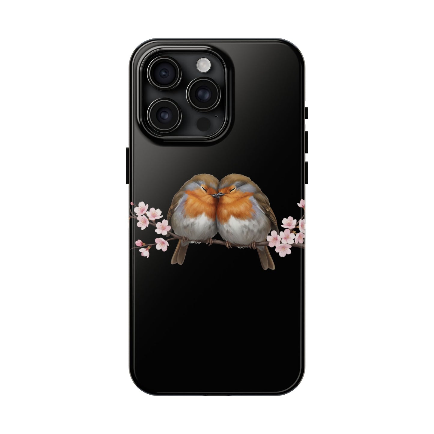 European Robin with Cherry Blossoms iPhone Case – Premium Tough Phone Cover Black