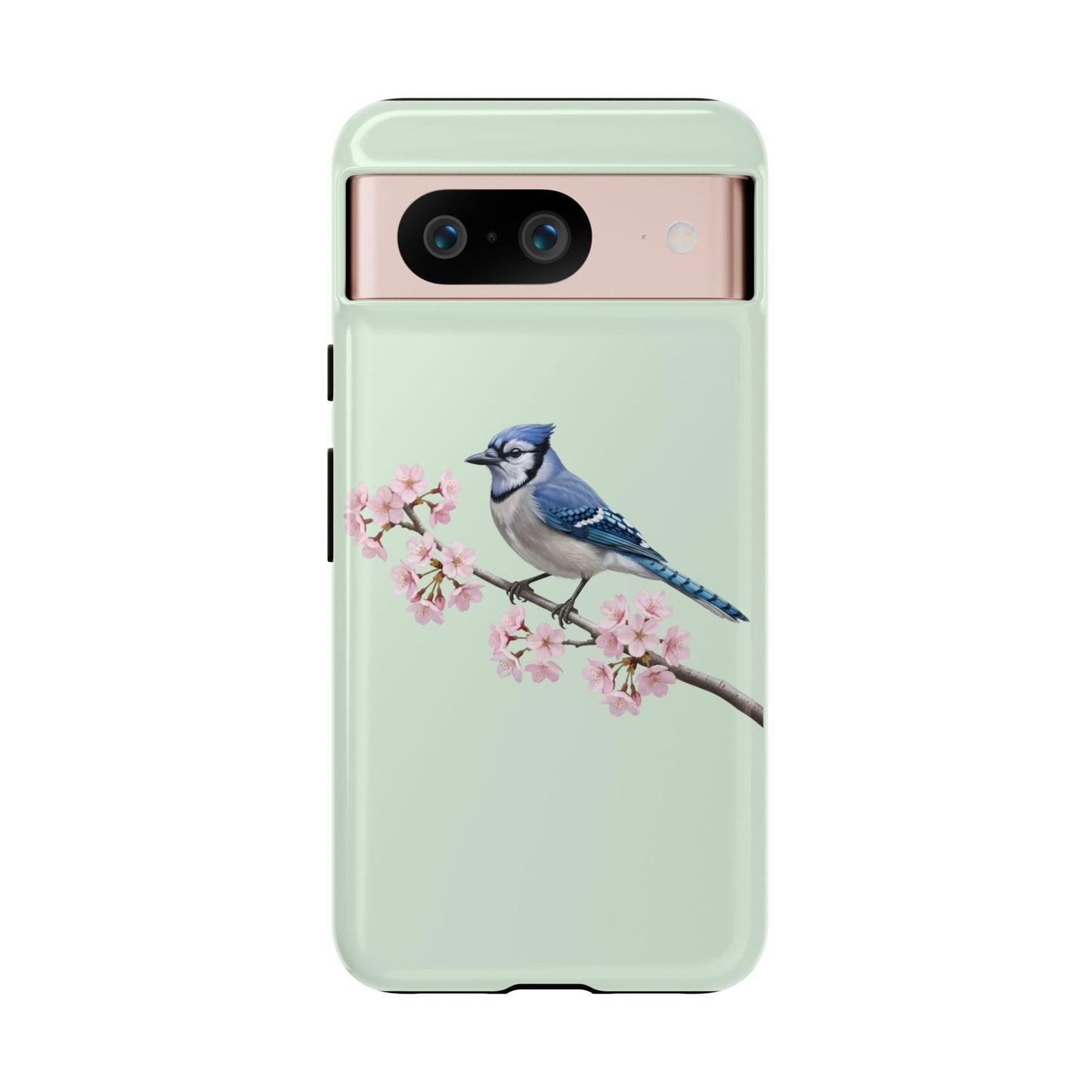 Blauhäher Handyhülle in Salbeigrün | Florales Kirschblüten Vogel-Motiv für iPhone & Google Pixel