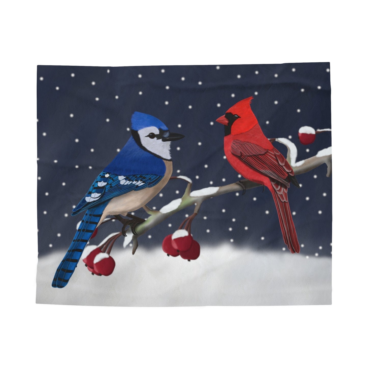 Blue Jay Cardinal Bird Christmas Winter Branch Velveteen Plush Blanket