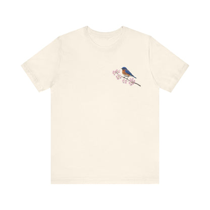 Bluebird Cherry Blossom T-Shirt | Floral Spring Tee for Bird Lovers