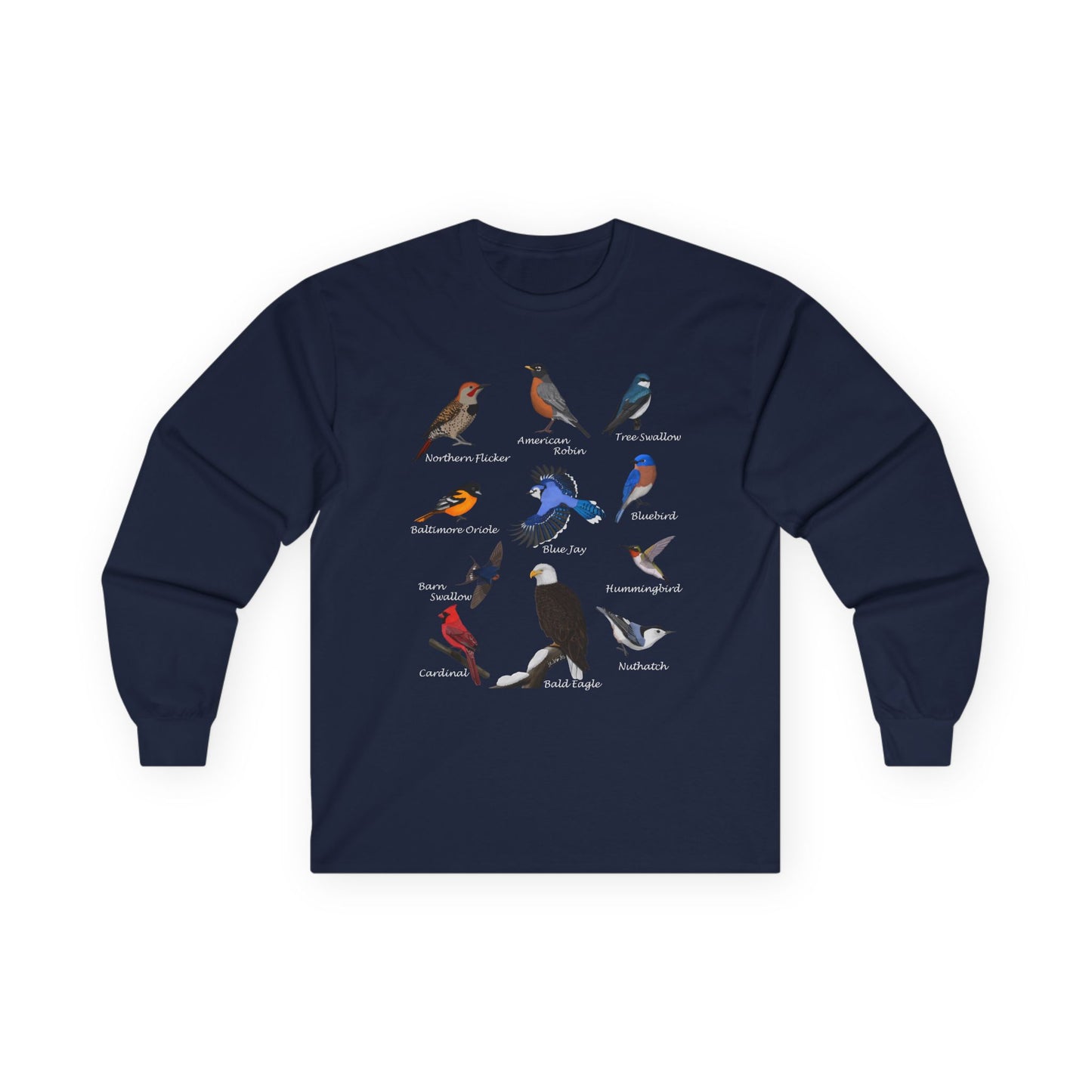 Bald Eagle Blue Jay Cardinal Robin on a Branch Birdwatching Cotton Long Sleeve T-Shirt