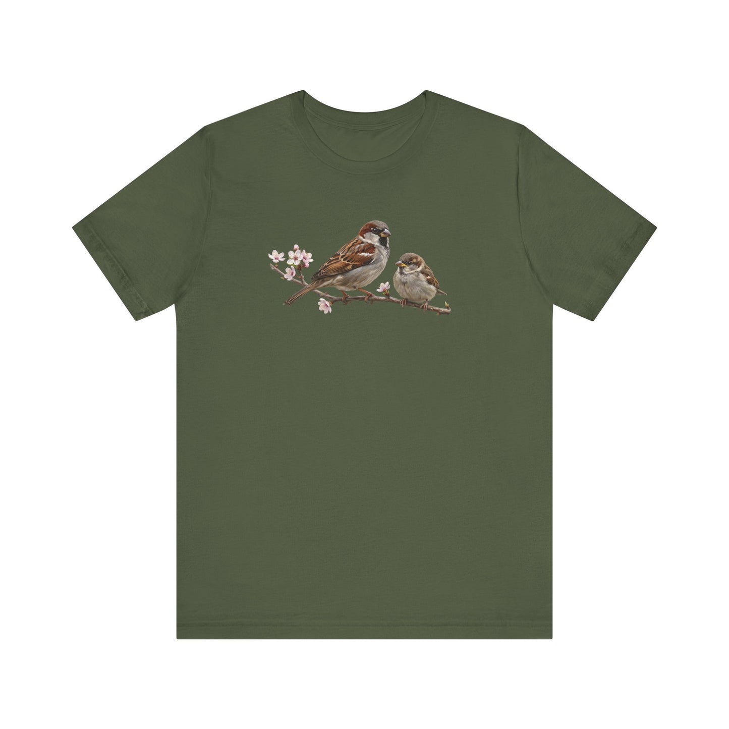 Tree Sparrow & Fledgling T-Shirt | Spring Blossoms Unisex Graphic Tee