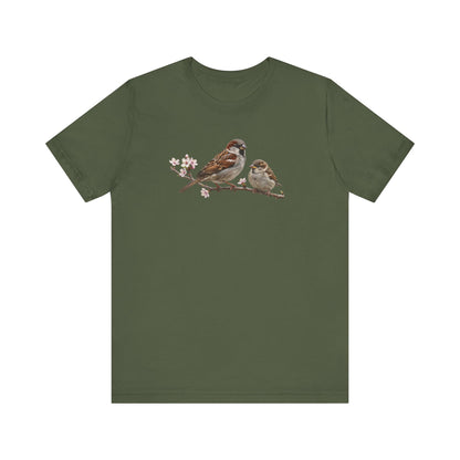 Tree Sparrow & Fledgling T-Shirt | Spring Blossoms Unisex Graphic Tee