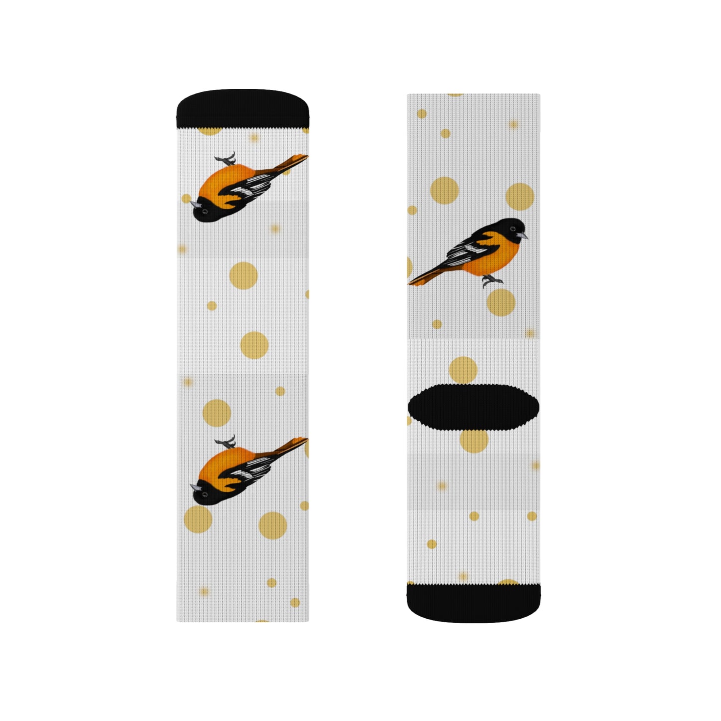 Baltimore Oriole Bird Art Socks White and Golden Dots