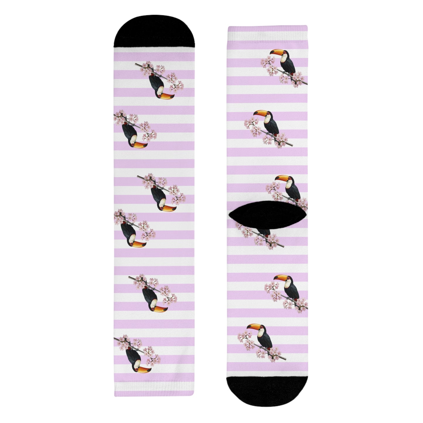 Tukan Socken mit – Kirschblüten | Weiß Rosa gestreifte Vogelmotiv Strümpfe