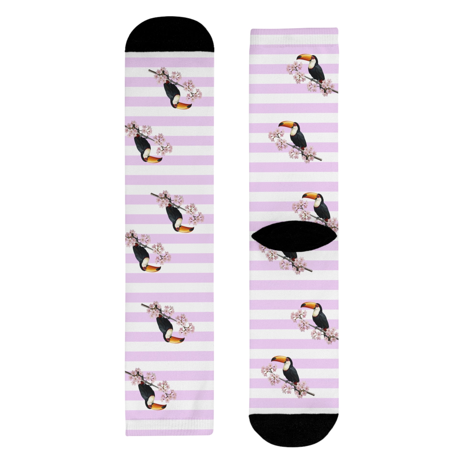 Tukan Socken mit – Kirschblüten | Weiß Rosa gestreifte Vogelmotiv Strümpfe