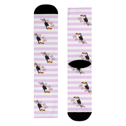 Tukan Socken mit – Kirschblüten | Weiß Rosa gestreifte Vogelmotiv Strümpfe