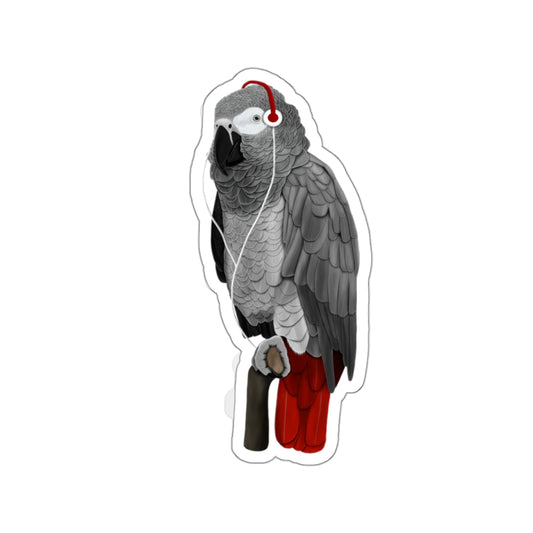 grey parrot music headphones bird art sticker