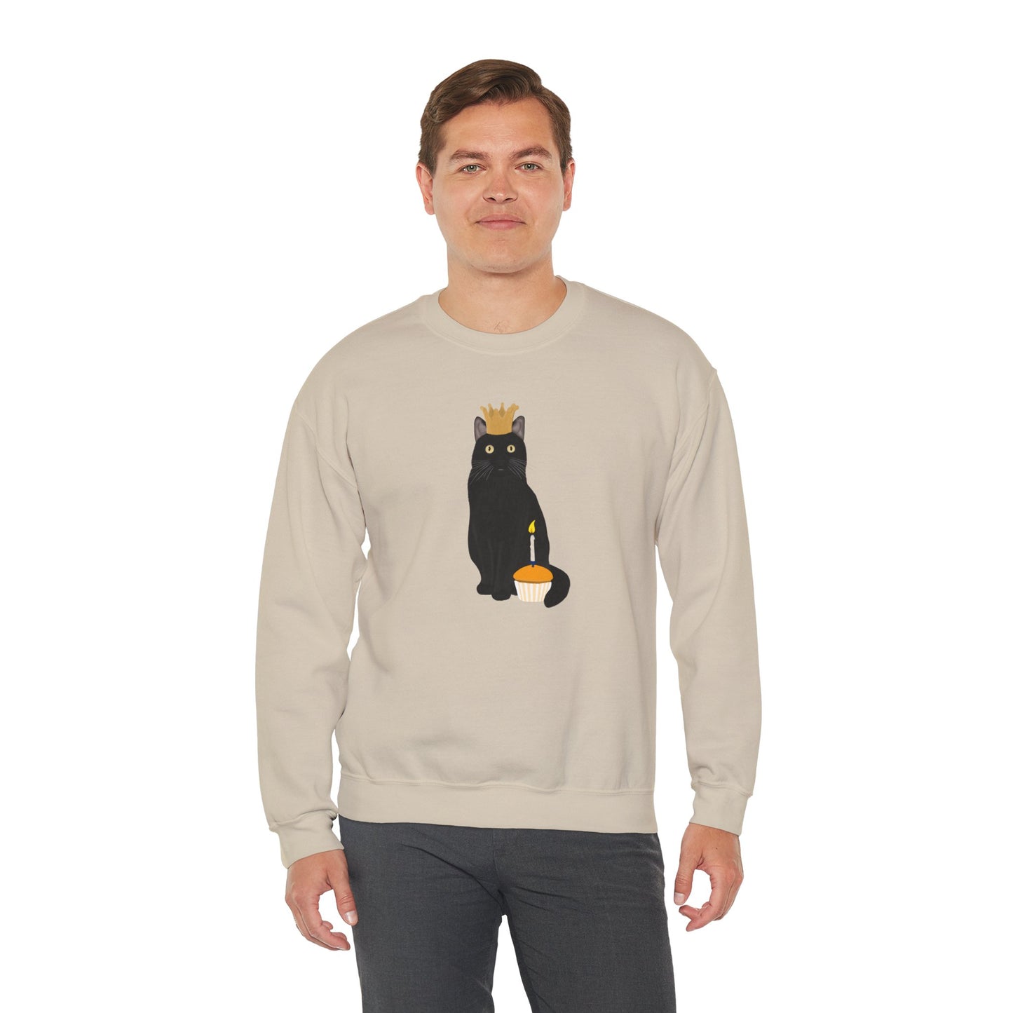 Black Birthday Cat with Muffin and Golden Crown Cat Lover Sweatshirt