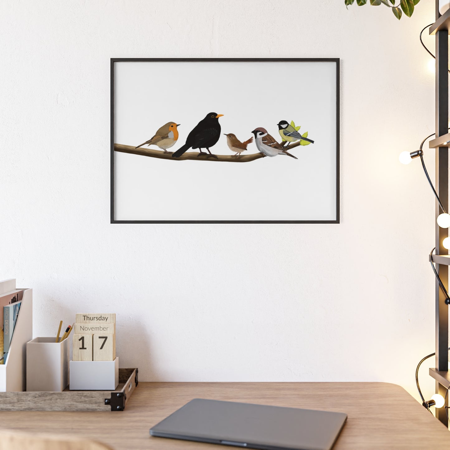 Vogel Poster im Holzrahmen - Vögel auf einem Ast Poster Amsel Rotkehlchen Zaunkönig Spatz Kohlmeise