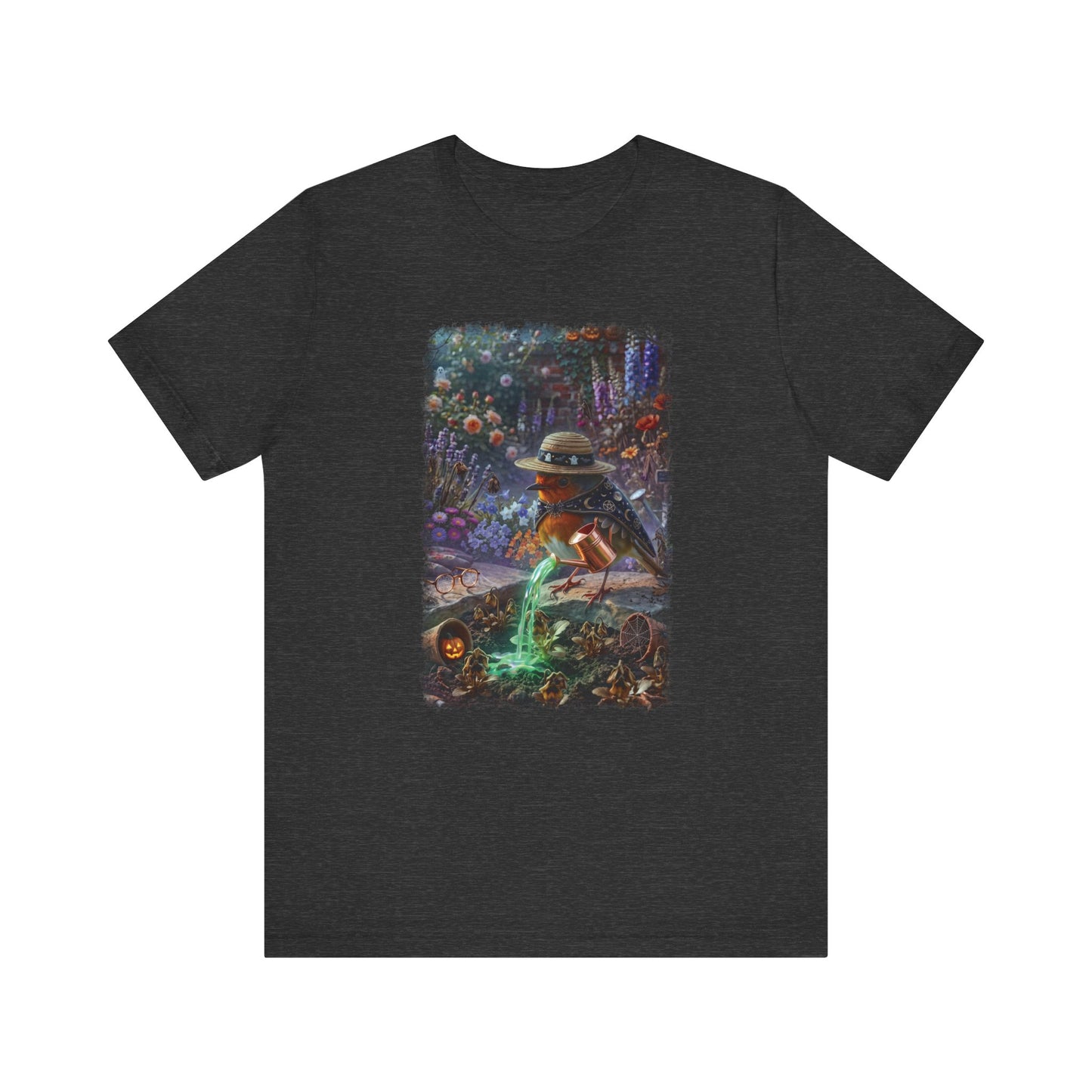 Soft premium Bella Canvas 3001 dark grey T-shirt featuring a digitally painted illustration of a cute bird named Robin Rosi pouring a glowing green magic potion from a watering can onto dried flowers.