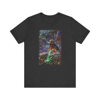 Soft premium Bella Canvas 3001 dark grey T-shirt featuring a digitally painted illustration of a cute bird named Robin Rosi pouring a glowing green magic potion from a watering can onto dried flowers.