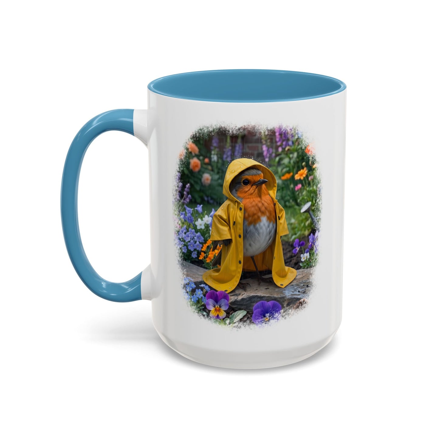 Robin Rosi Yellow Raincoat Garden Premium Mug for Bird Lovers