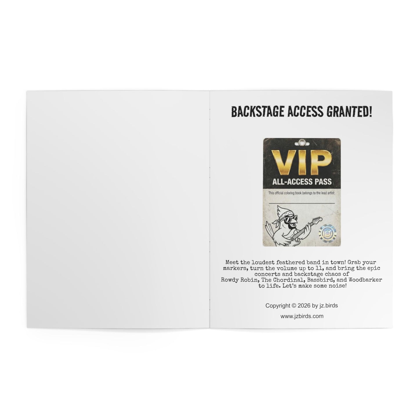 Interactive VIP backstage pass and soundcheck color test zone with guitar picks from the heavy metal bird coloring book.