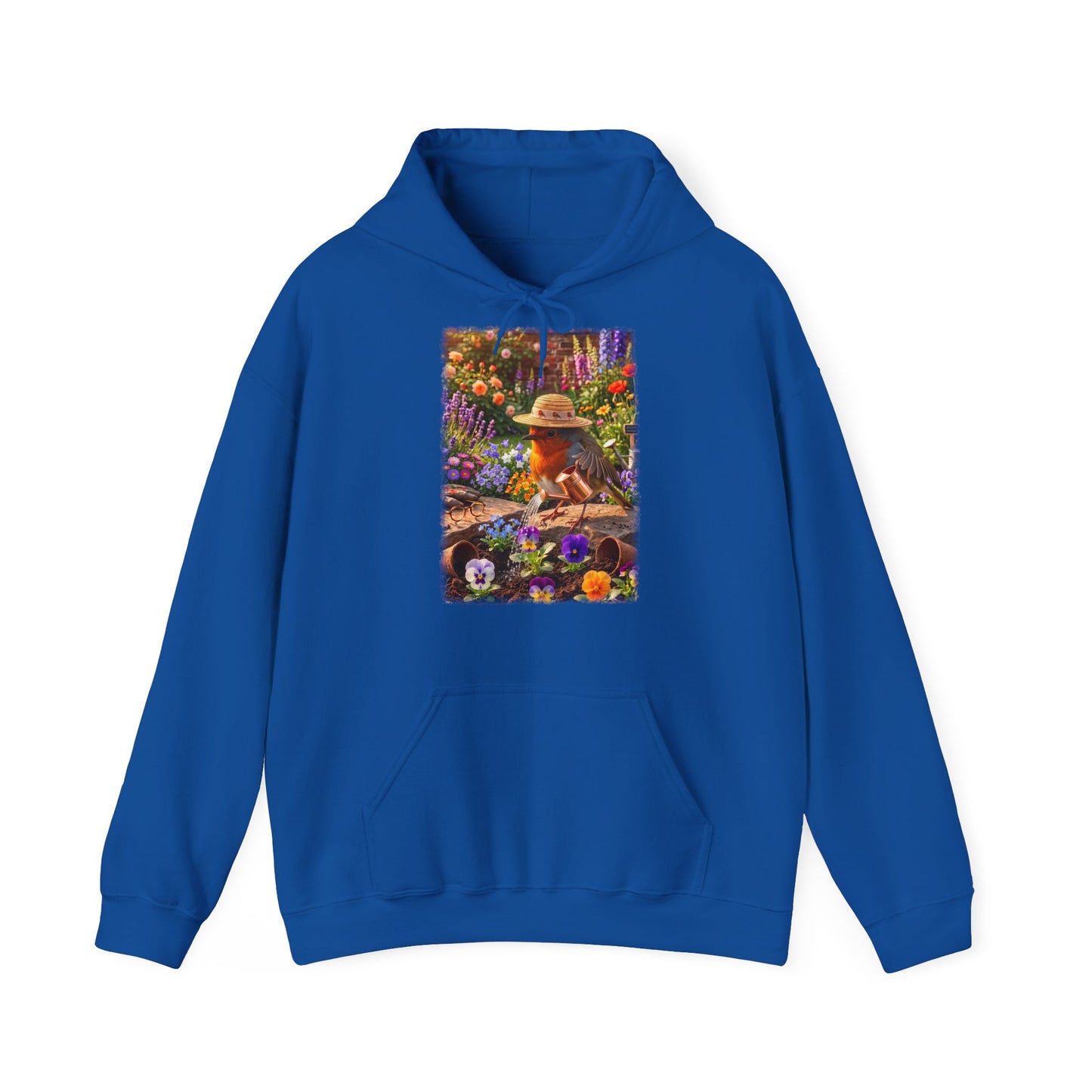 Niedlicher Rotkehlchen Hoodie beim Blumen gießen | Gemütlicher Garten-Kapuzenpullover