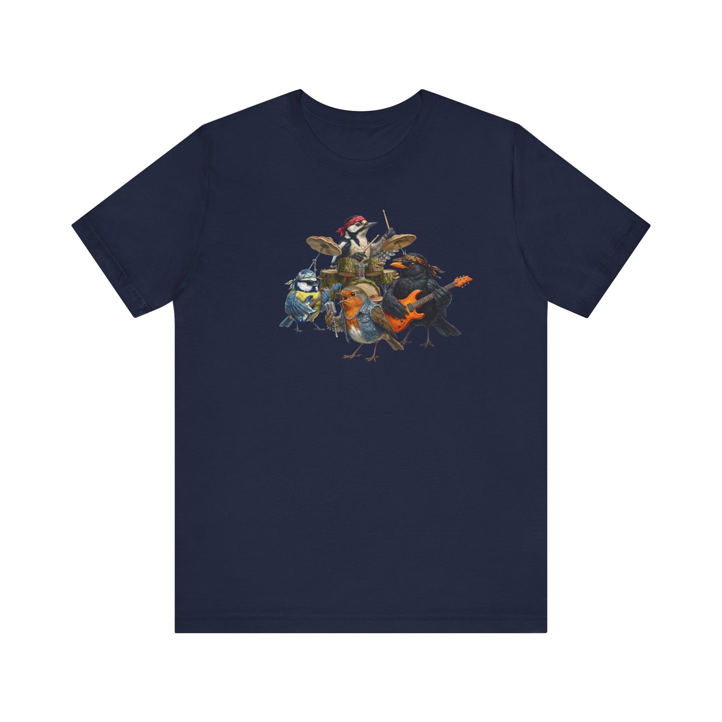 Die Gartenvögel Rockband T-Shirt – Lustiges Vogel Shirt mit Rückendruck – Amsel, Rotkehlchen, Meise, Specht – Geschenk für Musiker & Vogelfreunde