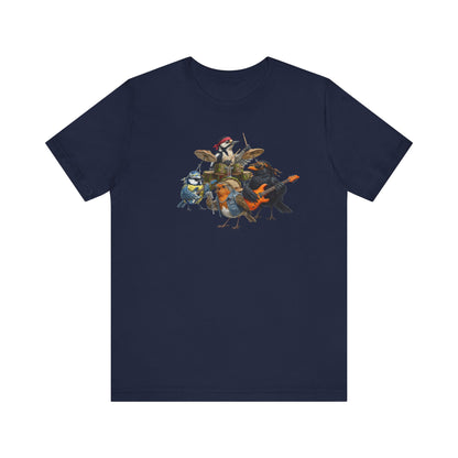 Die Gartenvögel Rockband T-Shirt – Lustiges Vogel Shirt mit Rückendruck – Amsel, Rotkehlchen, Meise, Specht – Geschenk für Musiker & Vogelfreunde