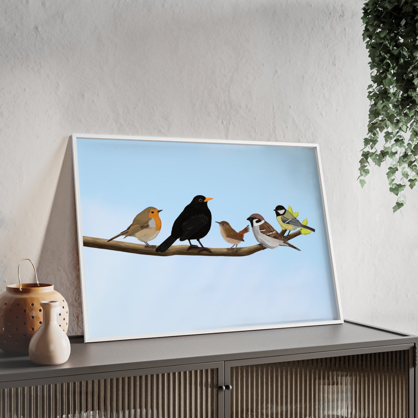 Vogel Poster im Holzrahmen - Vögel auf einem Ast Poster Amsel Rotkehlchen Zaunkönig Spatz Kohlmeise