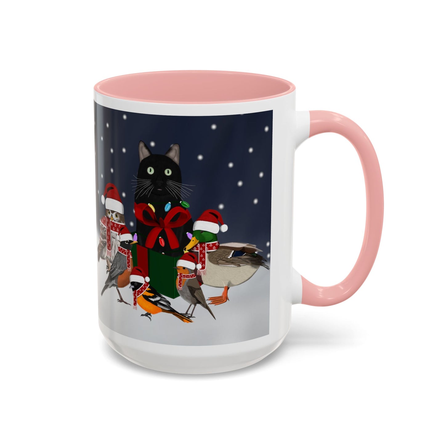 Robin Oriole Mallard Owl and Cat with Christmas Hat and Scarf Snow Bird Coffee Mug