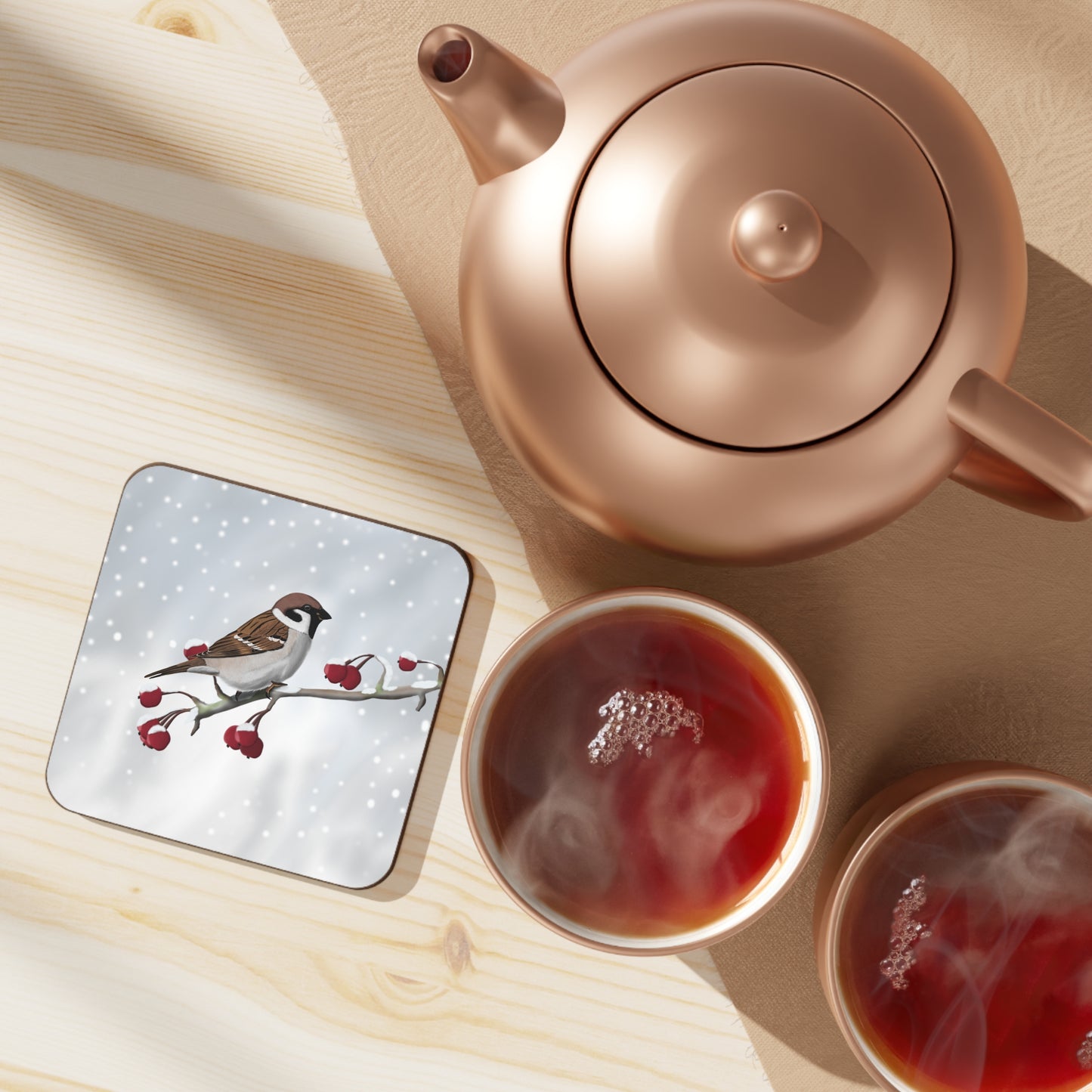 Tree Sparrow on a Winter Branch Christmas Bird Hardboard Coaster