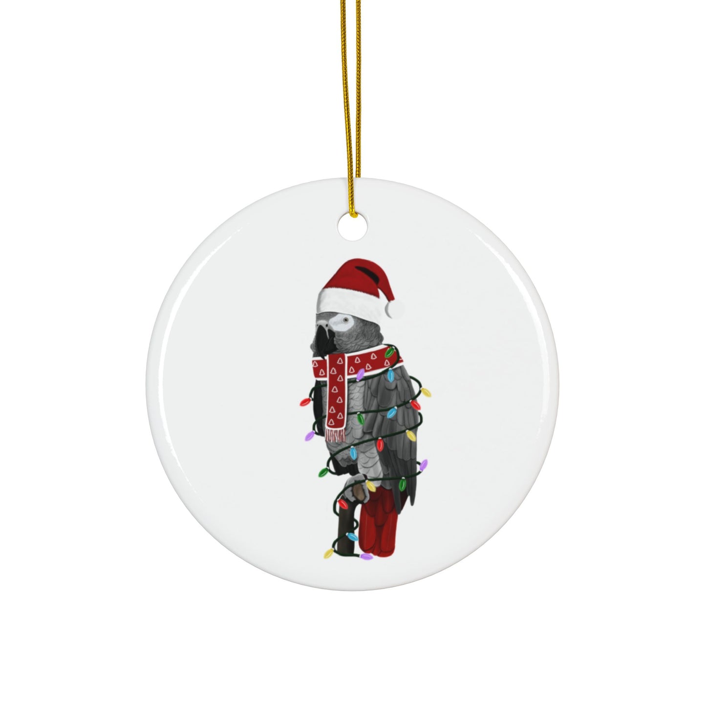 Grey Parrot as Santa Ceramic Bird Christmas Ornament | Durable Double-Sided Bird Lover Decor