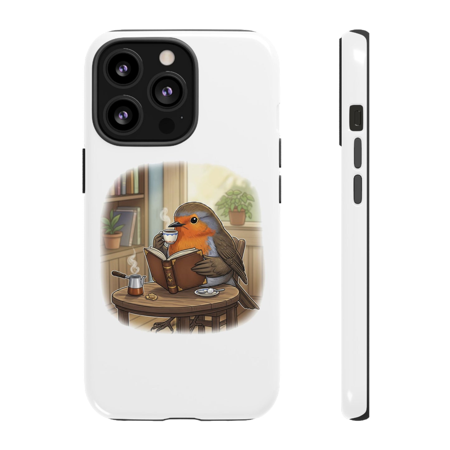 Rotkehlchen liest und trinkt Kaffee Premium Handyhülle – Doppelt Geschützt & Rundum Bedruckt Weiß