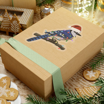 Blue Jay with Fairy Lights and Santa Claus Hat Christmas Bird Sticker