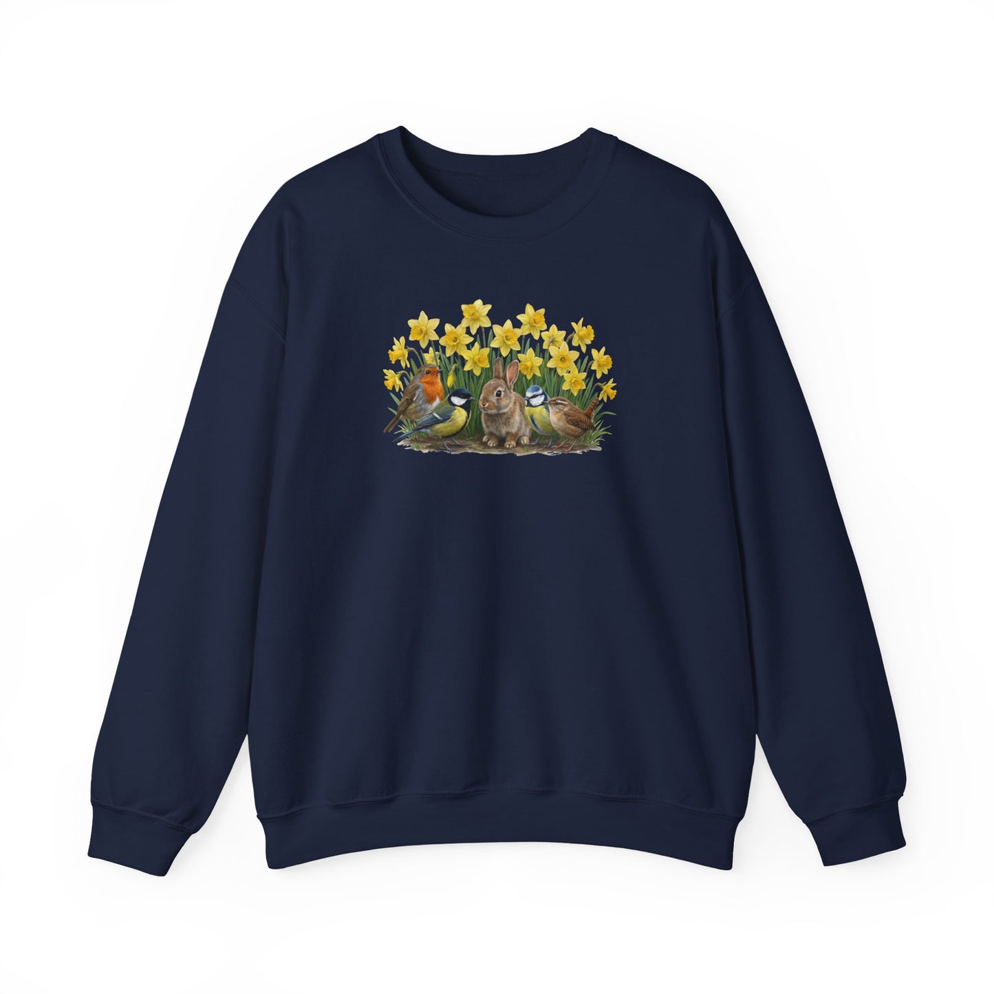 Oster-Sweatshirt Frühlingswiese – Kaninchen & Singvögel in Osterglocken | Unisex Pullover