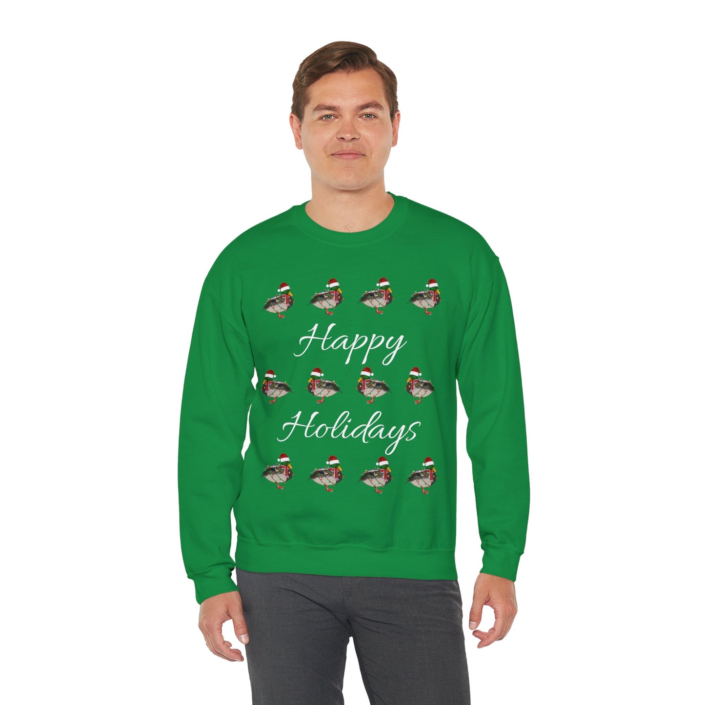 Mallard as Santa with Hat Scarf and Fairy Lights Happy Holidays Birdwatcher Christmas Bird Sweatshirt