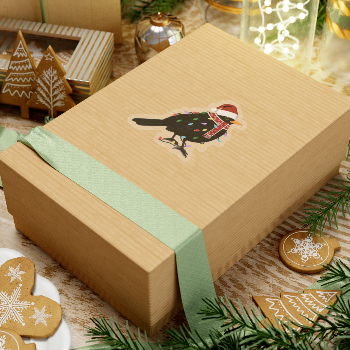 Blackbird with Fairy Lights Santa Claus Hat and Scarf Christmas Bird Sticker